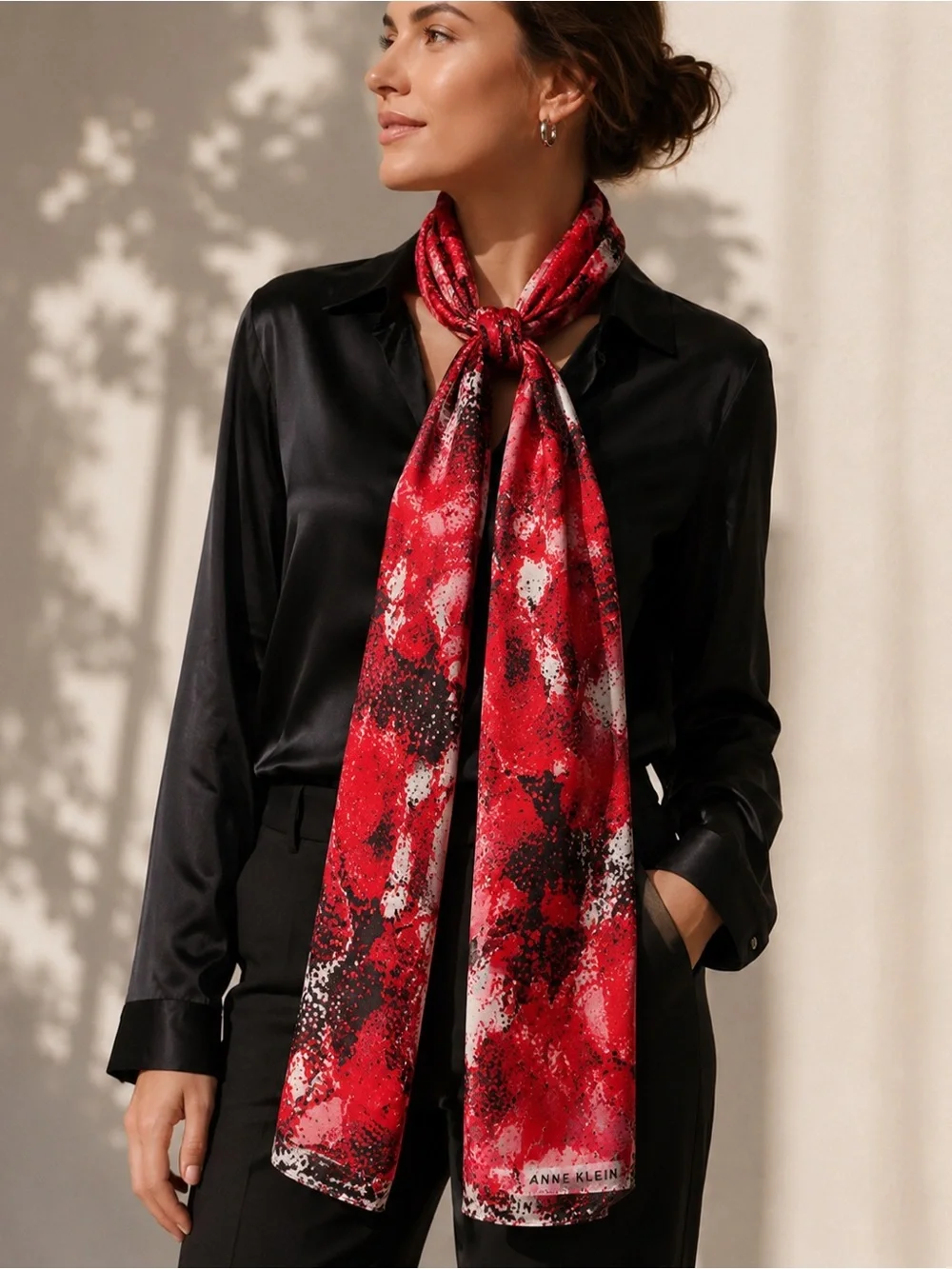 Anne Klein Red Black White Abstract Silk Scarf